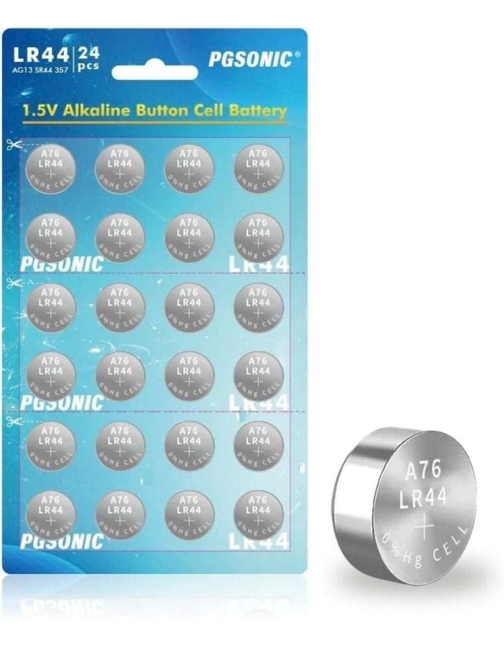 PGSONIC LR44 AG13 1.5V Alkaline Button Cell Batteries (24 Pk) Expires 12/2029